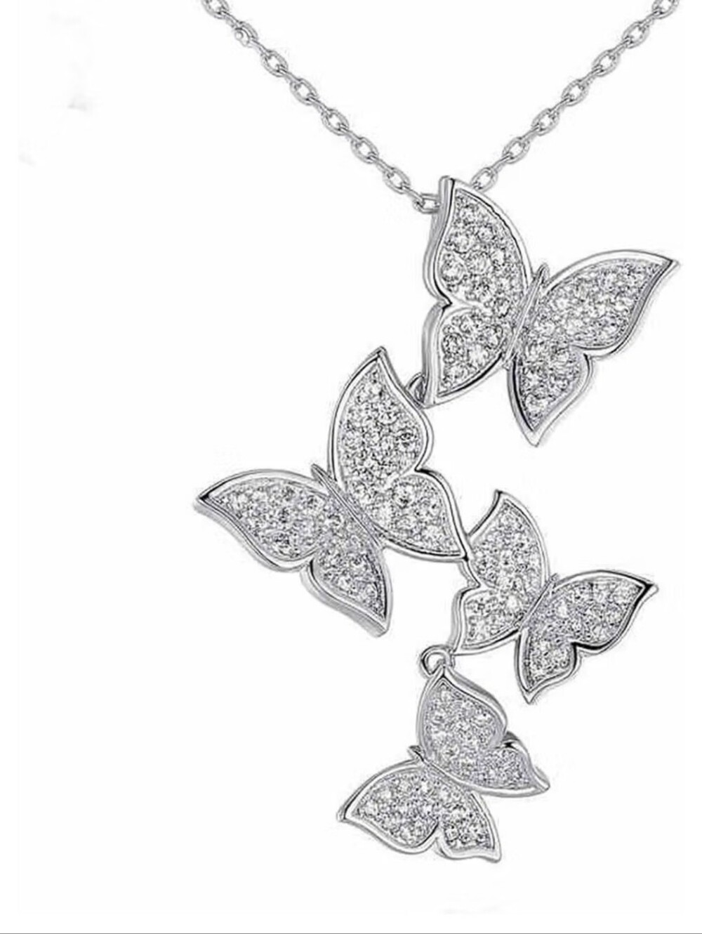 Real 925 Sterling Silver Long Zircon Butterfly Necklace Pendant